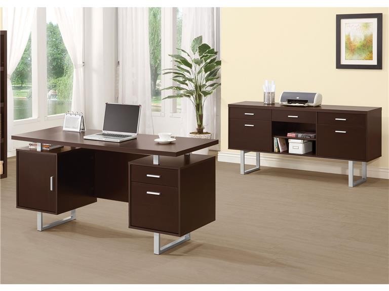  Lawtey Contemporary Cappuccino Silver Wood Desk and Credenza