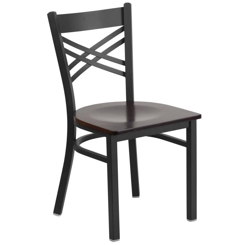 HERCULES Series Black ''X'' Back Metal Restaurant Chair - Walnut Wood Seat 