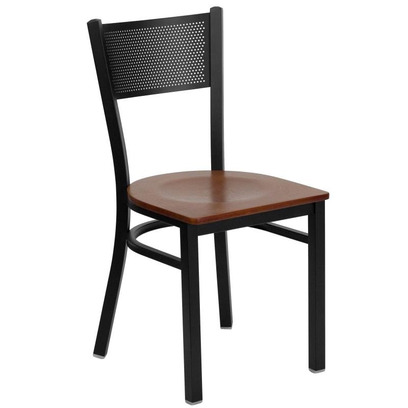HERCULES Series Black Grid Back Metal Restaurant Chair - Cherry Wood Seat 