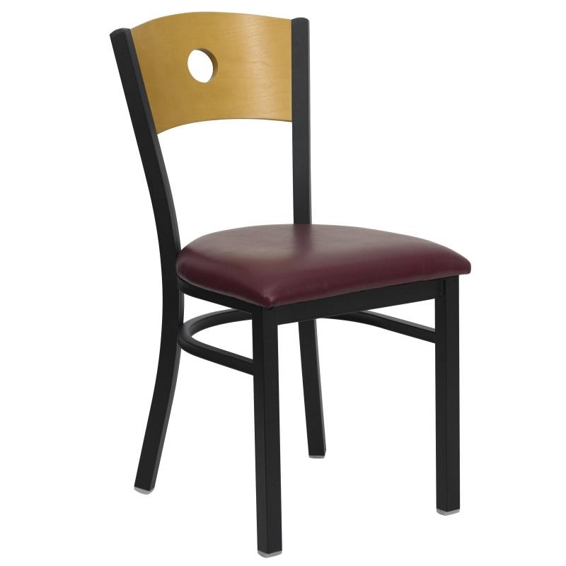 HERCULES Series Black Circle Back Metal Restaurant Chair - Natural Wood Back, Burgundy Vinyl Seat 
